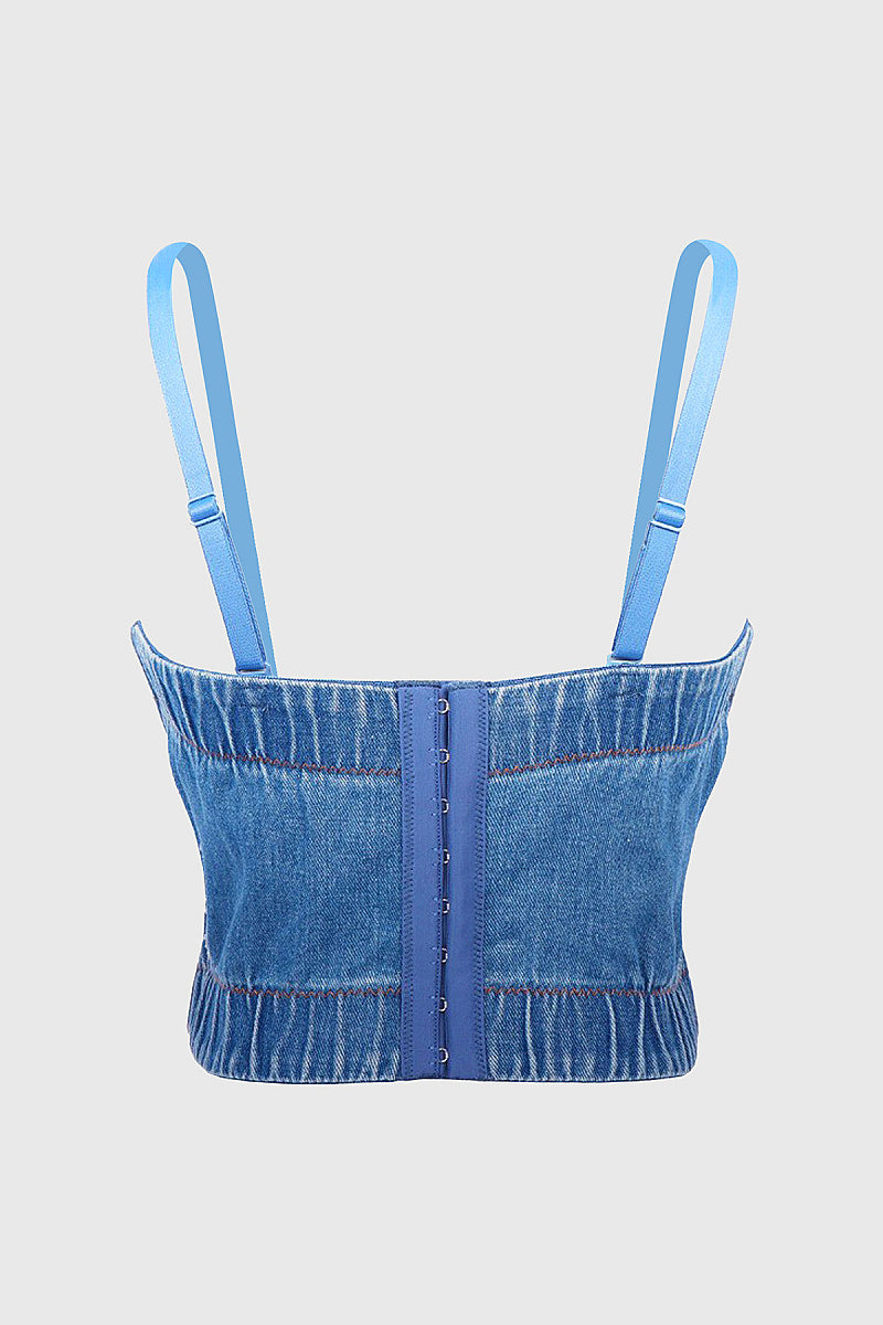 Luqiu Country Denim Beaded Strap Top