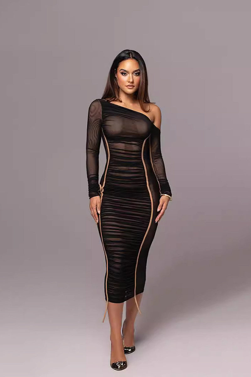 Spring New Women's Long Sleeve Mesh Shoulder Dress