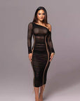 Spring New Women's Long Sleeve Mesh Shoulder Dress