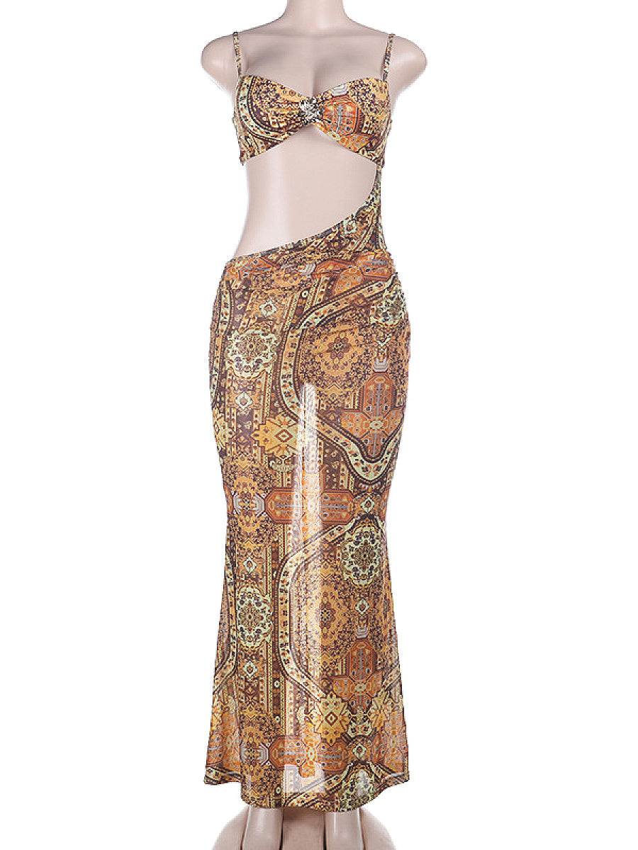 Sexy Backless Travel Dress with Geometric Print