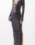Elegant Sequin Flare Sleeve Dress with Split Hem
