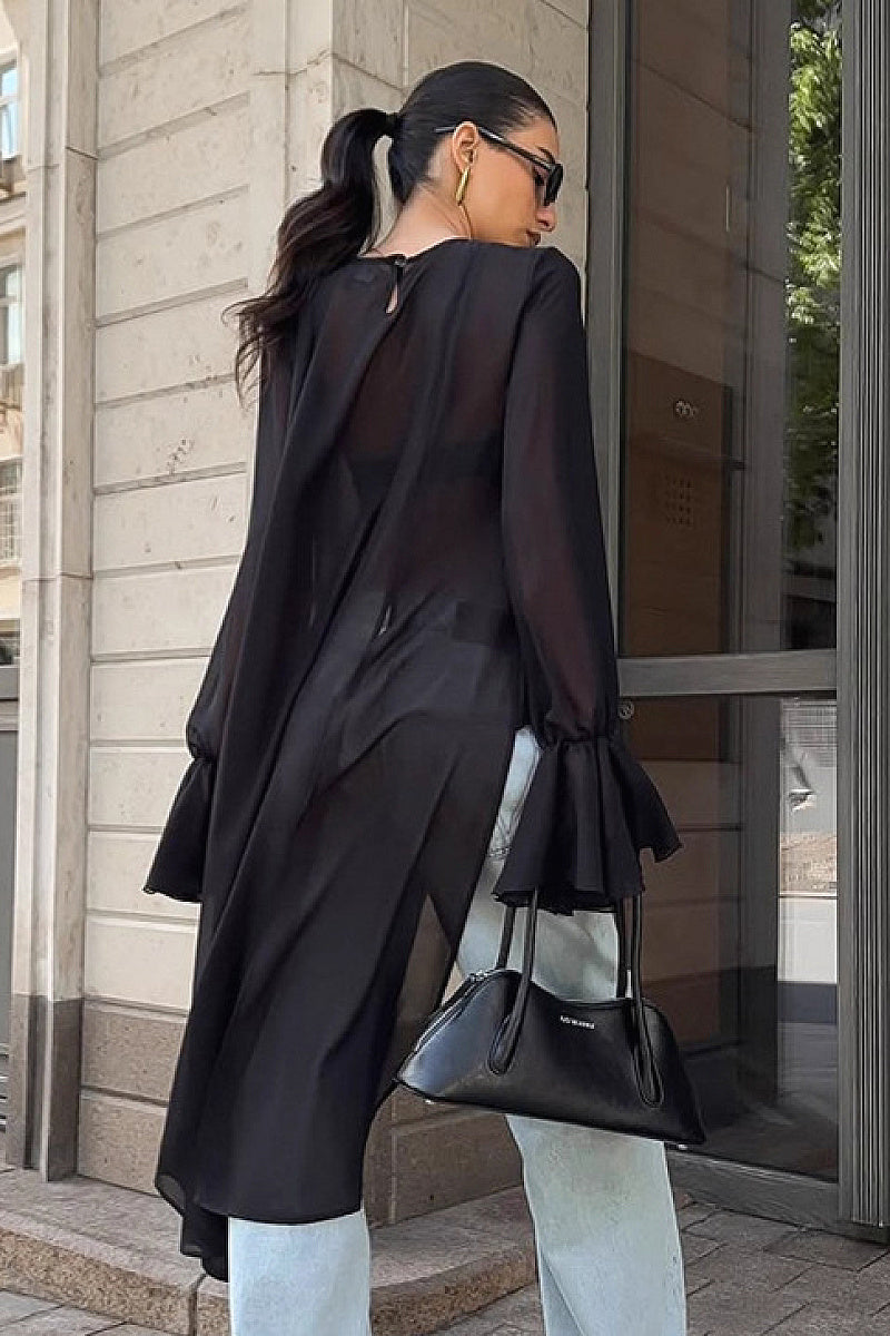 Chic Black Chiffon Top with Flare Sleeves