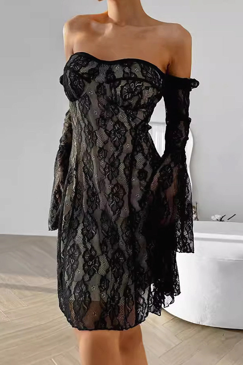 French Lace Off-Shoulder Dress for Autumn
