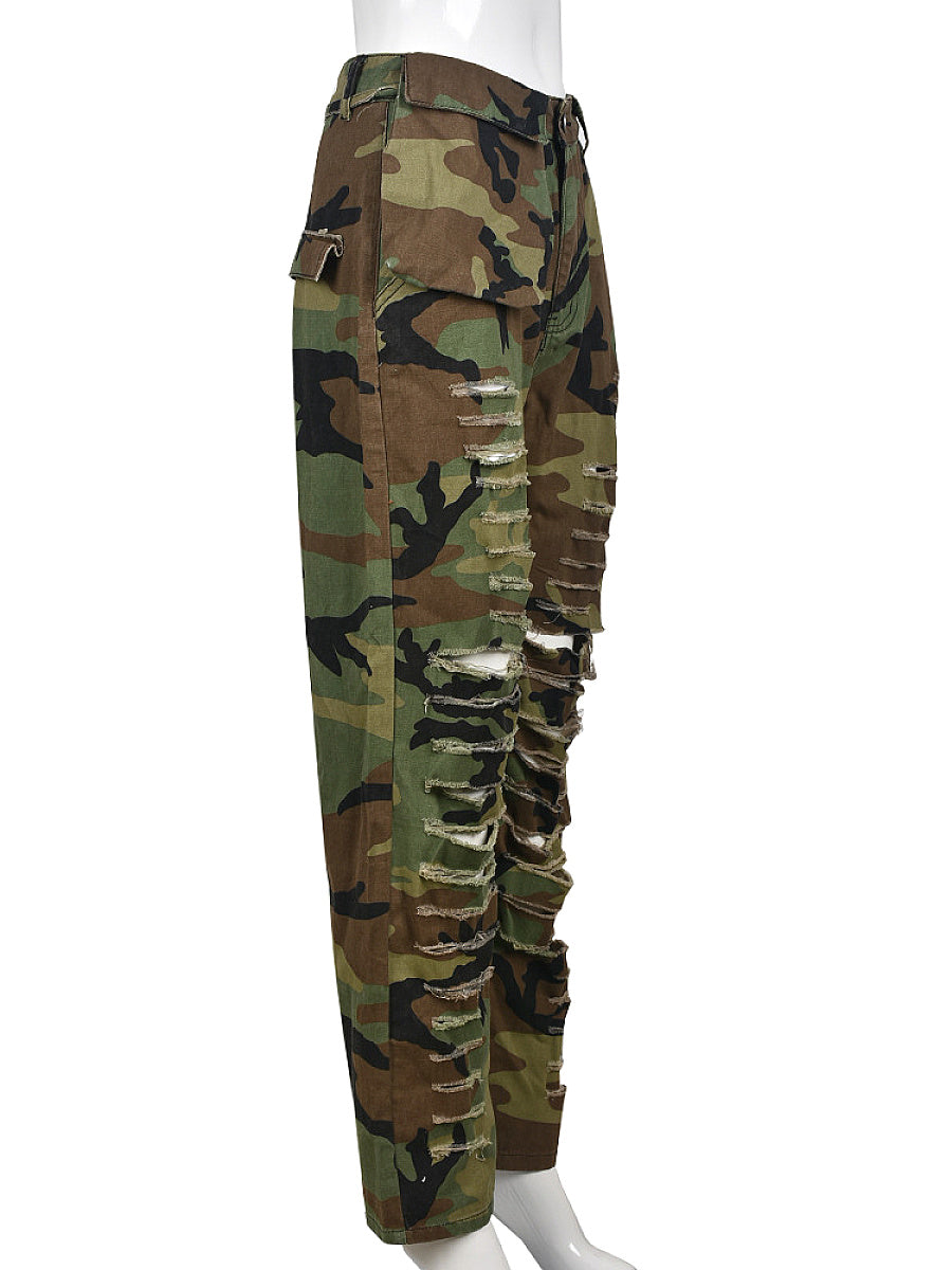 Camouflage Slim Fit Ripped Casual Pants