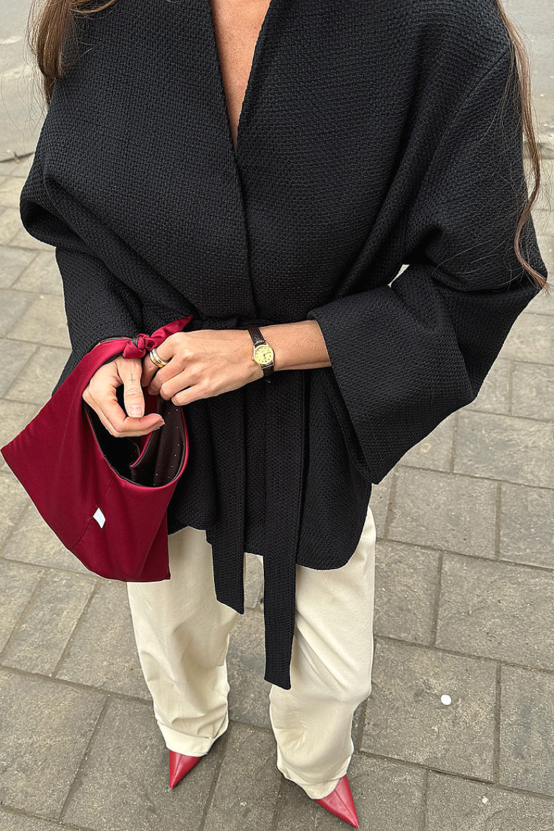 V-Neck Tie Waist Long Sleeve Jacket