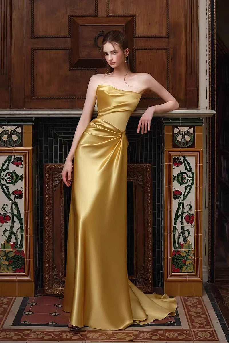 Elegant Gold Strapless Evening Gown for Women