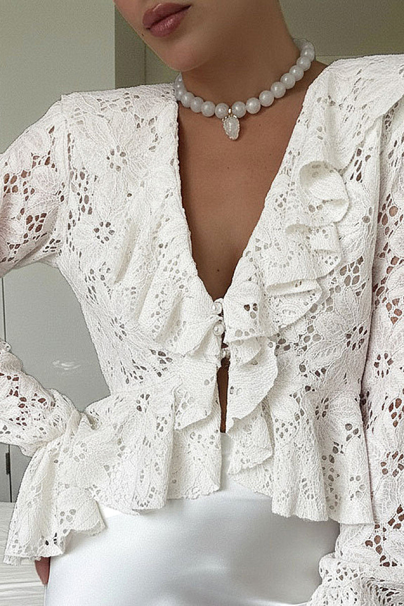 Stylish Lace V-Neck Long Sleeve Cardigan