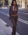 Elegant Deep V-Neck Lace Back Top and Pants Set