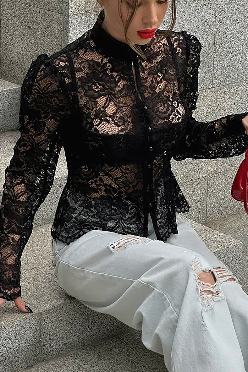 Fashionable Sexy Stand Collar Lace Puff Sleeve Shirt