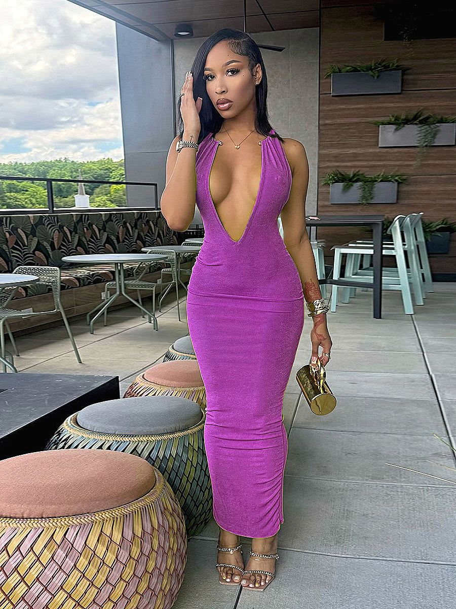 New Women's Deep V Neck Long Dress