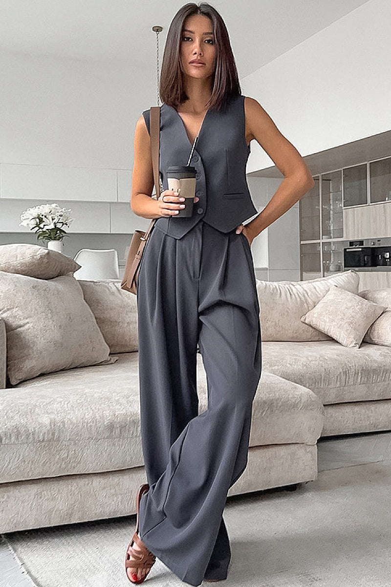 Gray Sleeveless Vest Set for Elegant Commuting