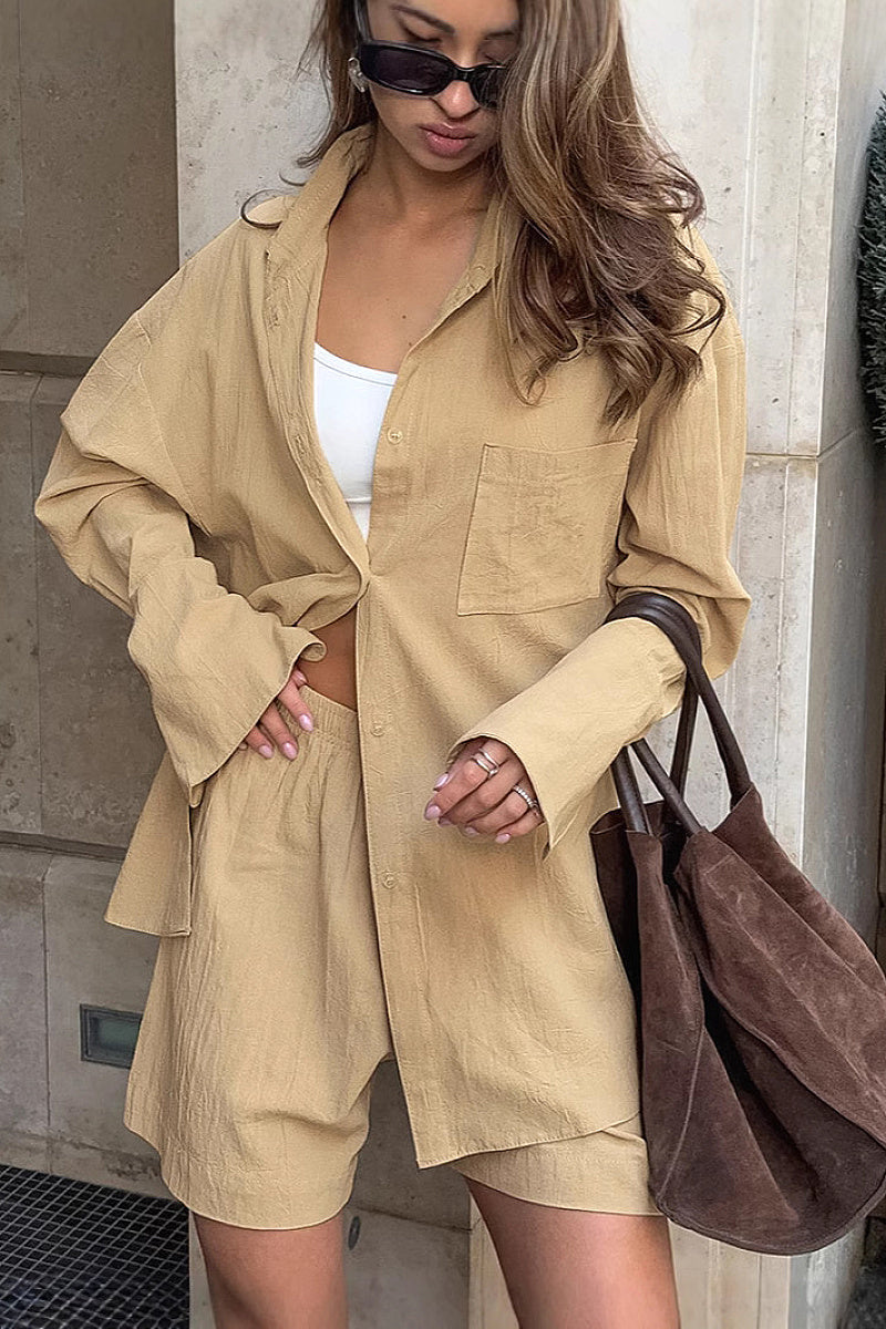 Casual Khaki Cotton Linen Two-Piece Set for Women