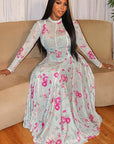 Fresh Floral Print A-Line Dress with Long Sleeves