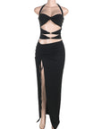 Hollow Out Metal Buckle Split Neck Halter Dress