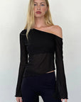 Fashionable Casual Sheer Shoulder Long Sleeve Top