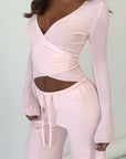 Y2K Style Spring Women's V-Neck Long Sleeve Set