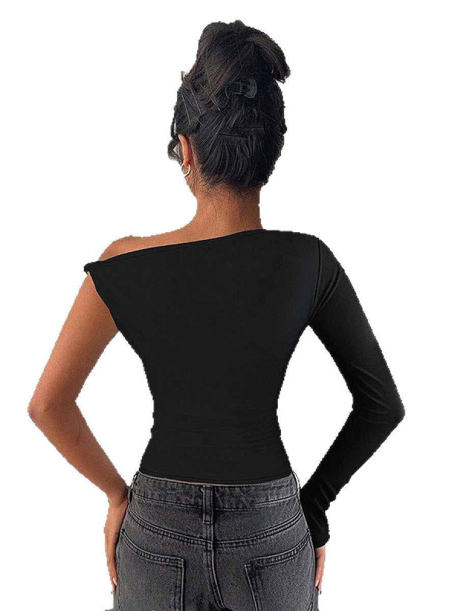 Trendy One-Shoulder Black Long Sleeve Top