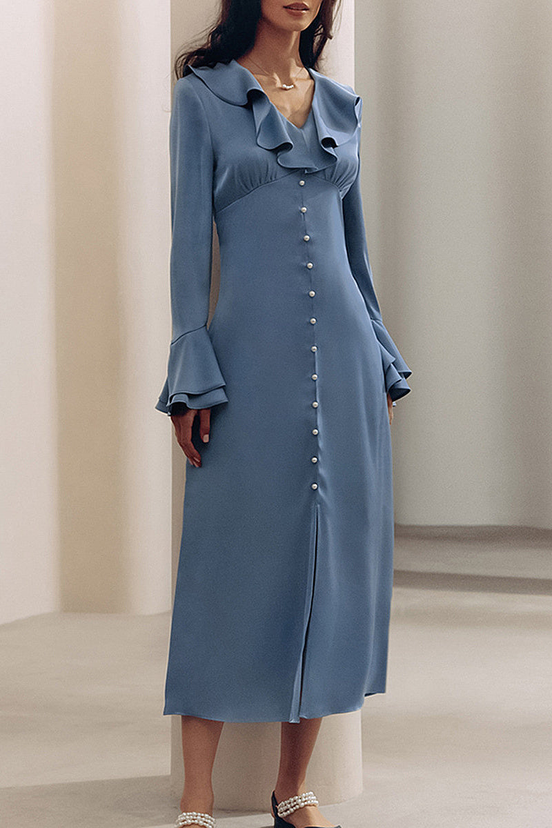 Spring French Blue Satin Dress with Ruffles