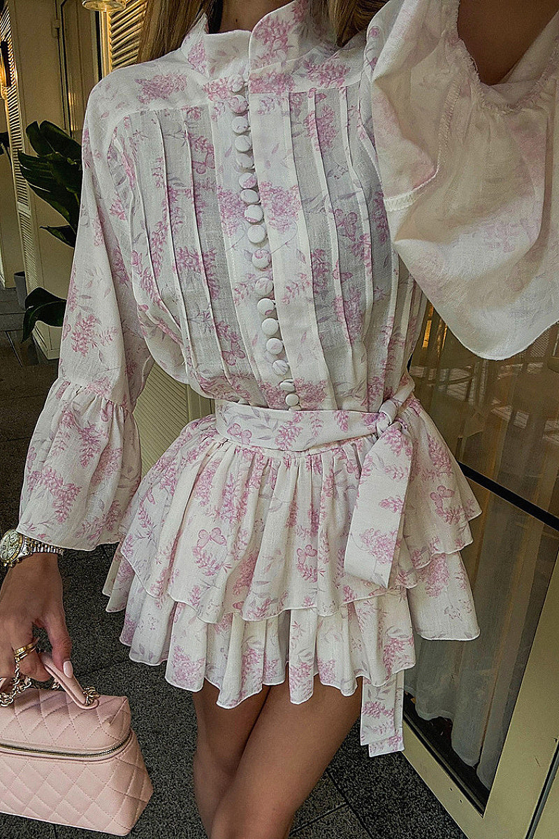 Elegant Stand Collar Floral Print Dress