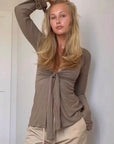 Knot Front Long Sleeve V-Neck Top