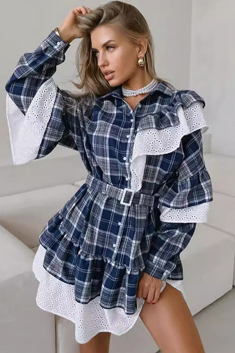 New Plaid Long Sleeve Dress with Ruffle Hem