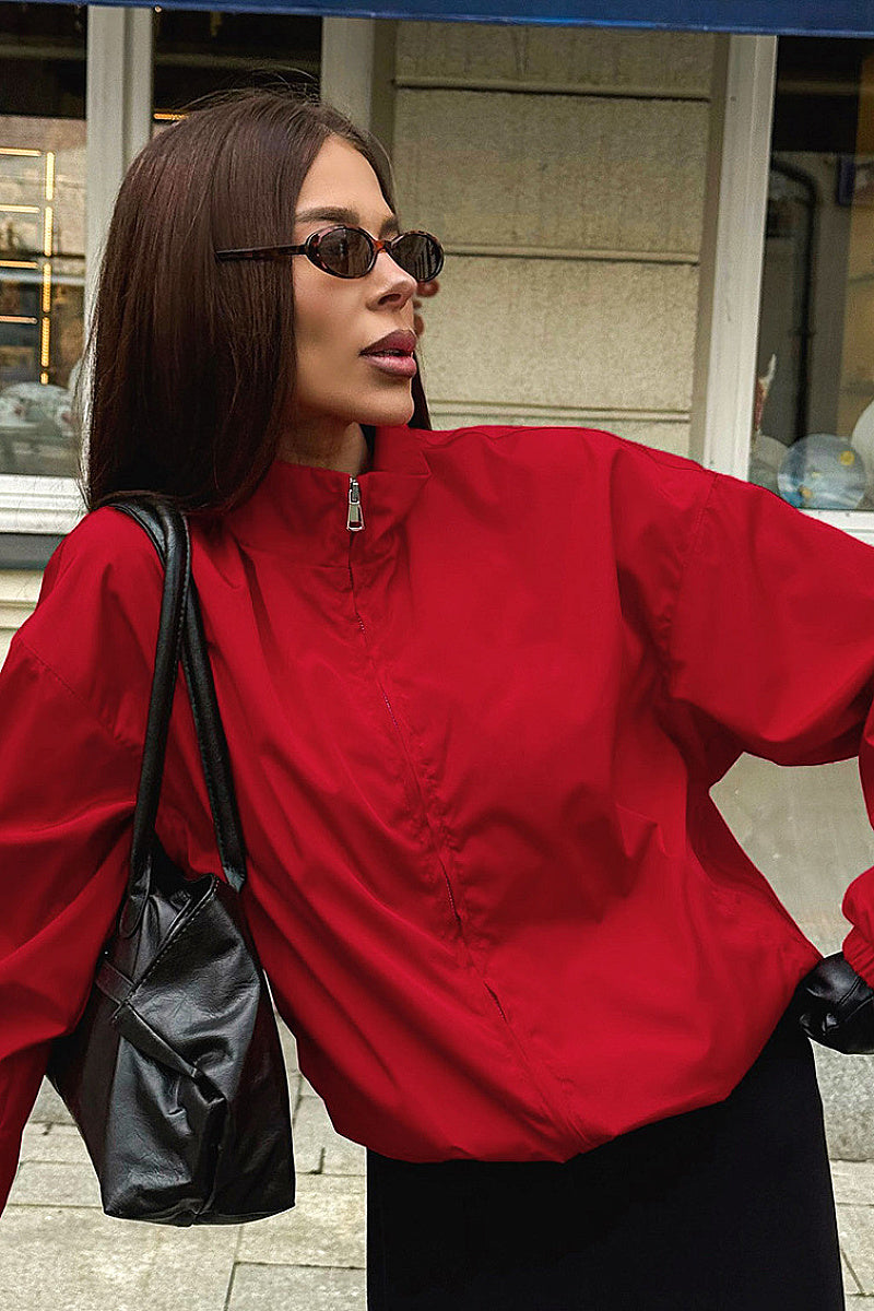 Stylish Red Stand Collar Zipper Windbreaker