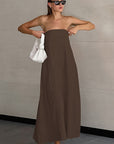 Summer Casual Khaki Cotton Linen Strapless Dress