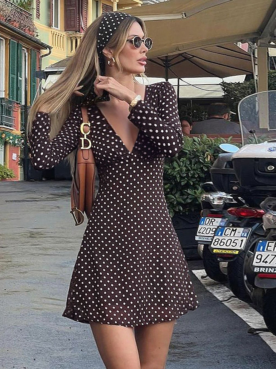 V-Neck Polka Dot Long Sleeve Dress