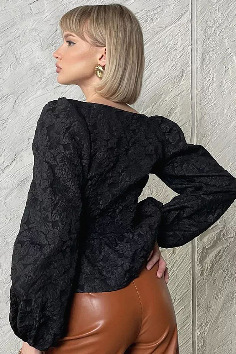 French Style Jacquard Puff Sleeve Shirt