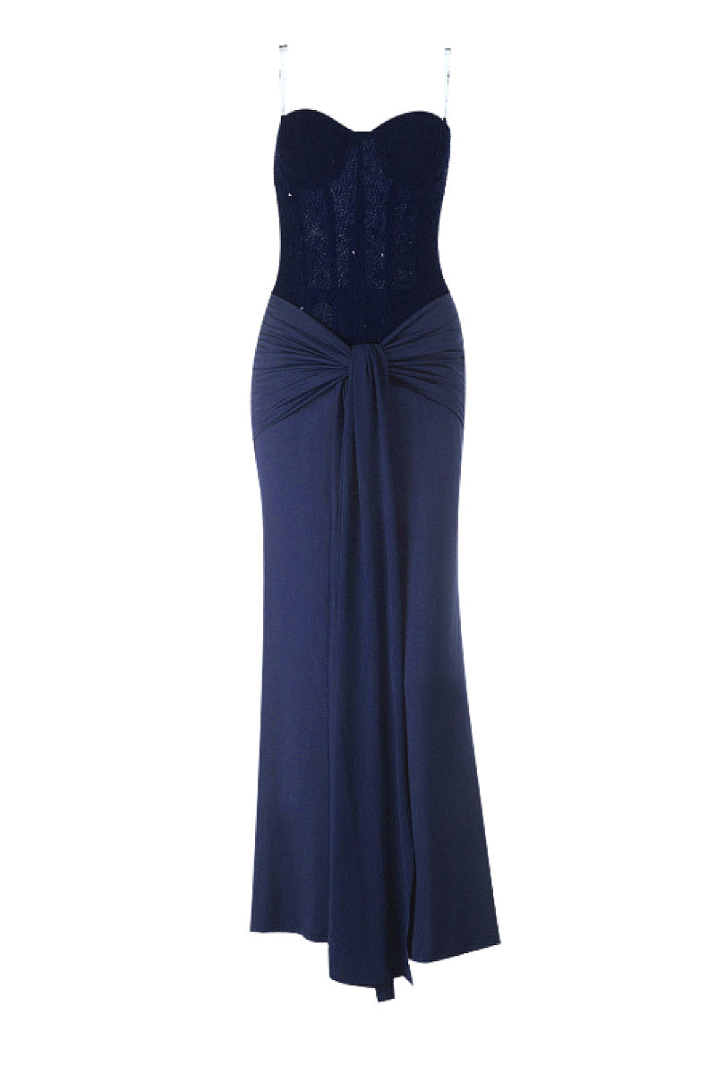 Elegant Strapless Long Dress with Waist Tie