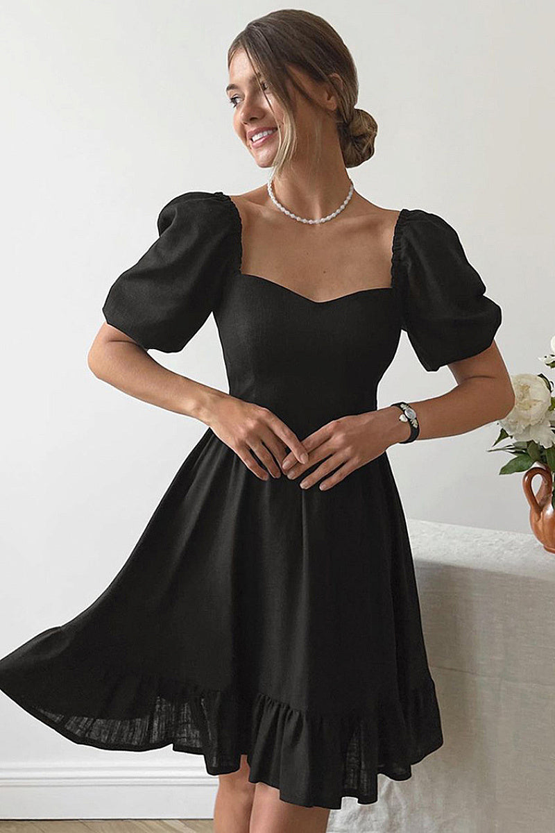 French Style Ruffled Dress with Puff Sleeves