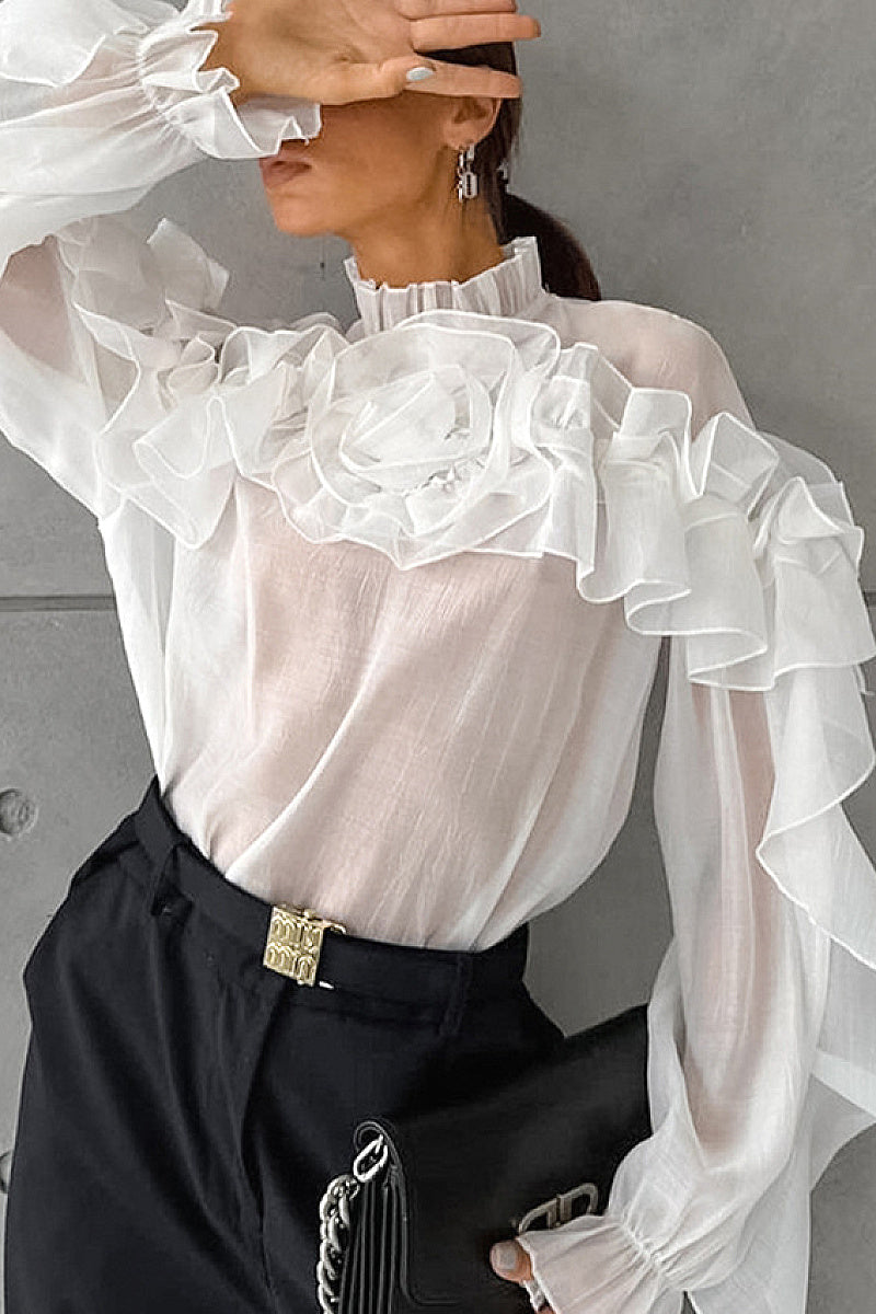 French Style Summer Sheer Collar Blouse with Ruffles