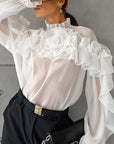 French Style Summer Sheer Collar Blouse with Ruffles