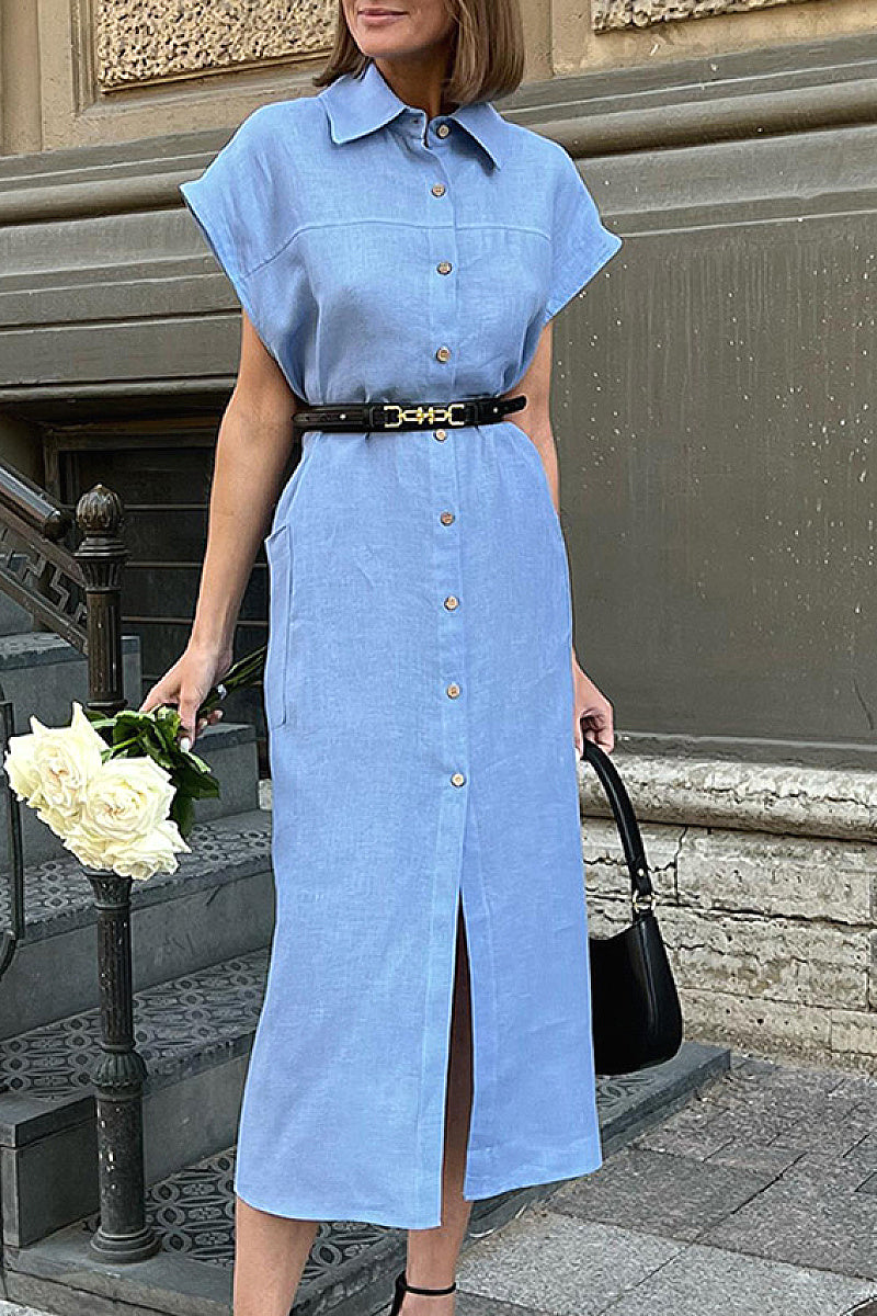 French Style High Waist Blue Cotton Linen Dress
