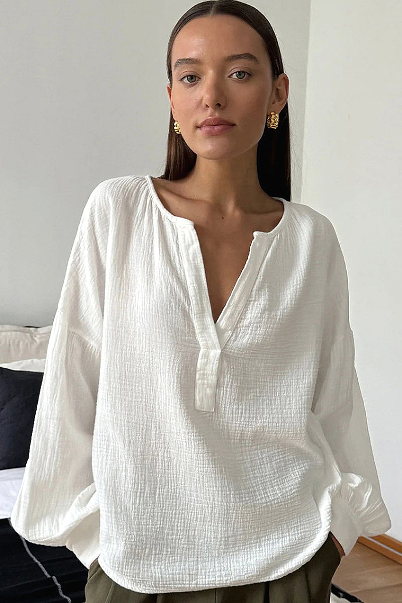 Minimalist Cotton Lantern Sleeve Casual Shirt