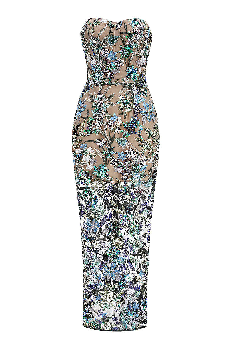 Elegant Embroidered Sequin Flower Strapless Dress