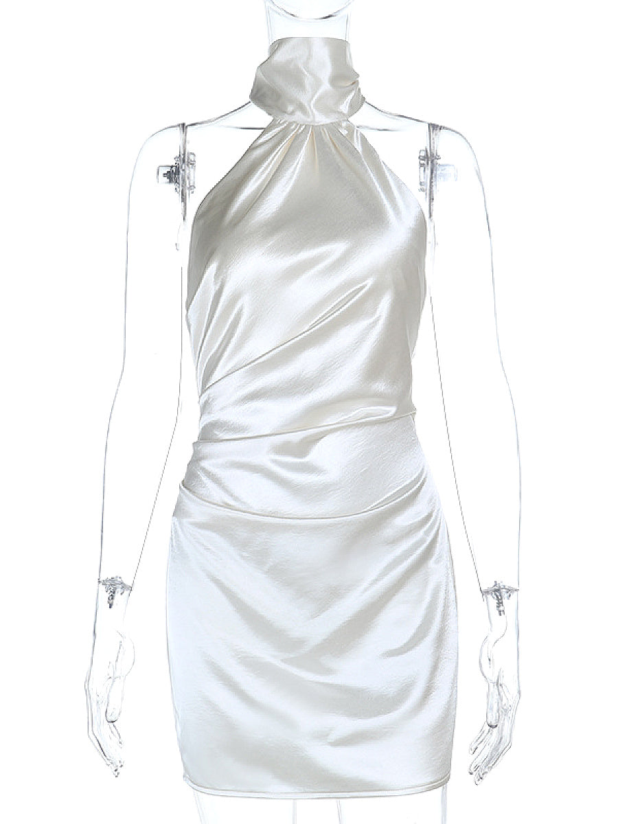 New Sexy Backless Halter Satin Mini Dress
