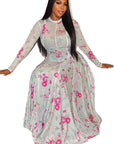 Fresh Floral Print A-Line Dress with Long Sleeves