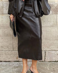 Elegant PU Leather Midi Skirt with Slit