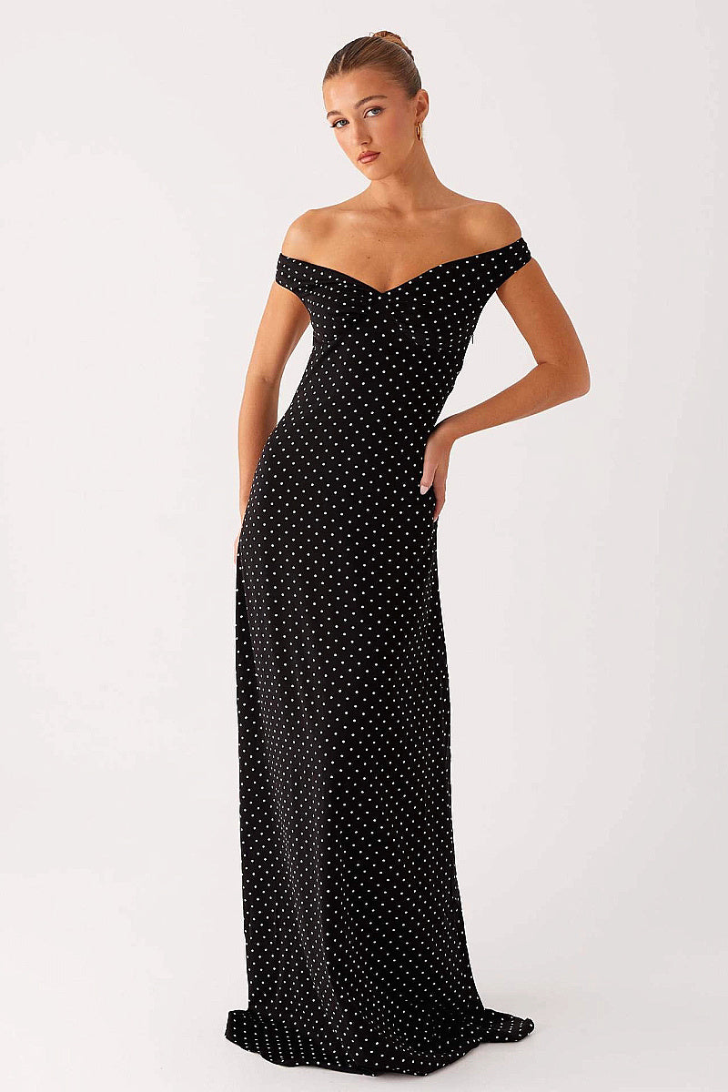 Elegant Polka Dot Strapless Maxi Dress