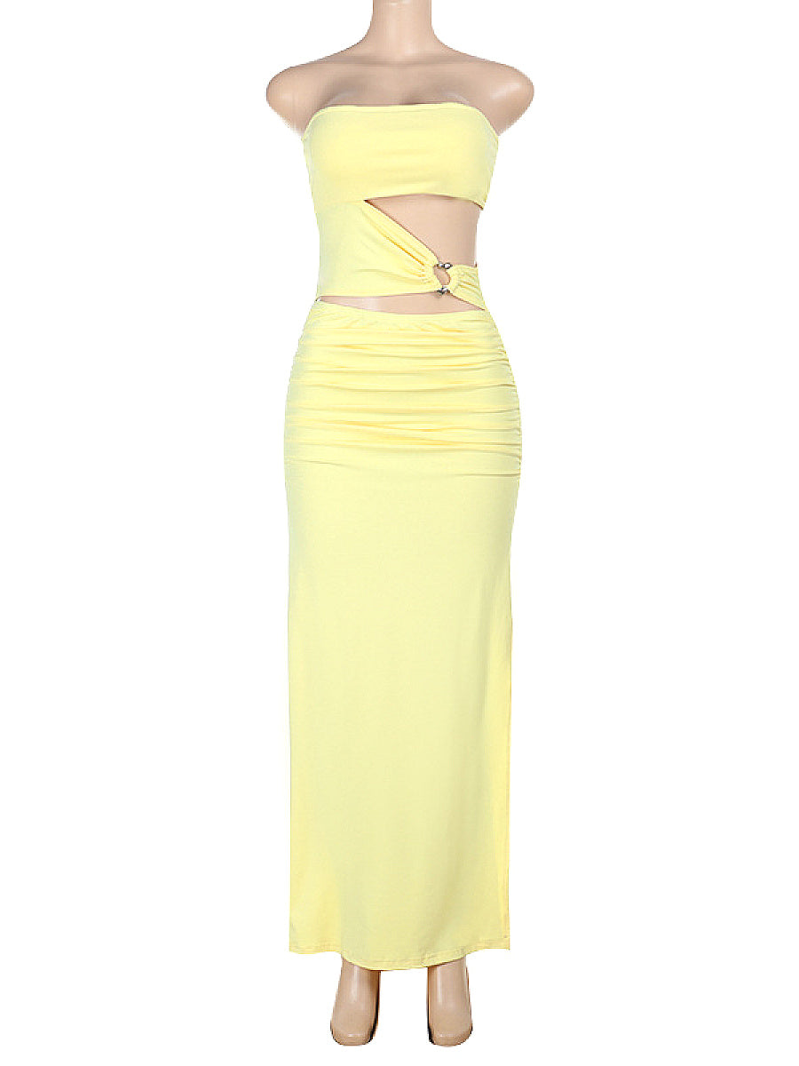Chic Yellow Strapless Hollow Out Maxi Dress