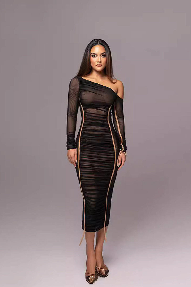 Spring New Women's Long Sleeve Mesh Shoulder Dress
