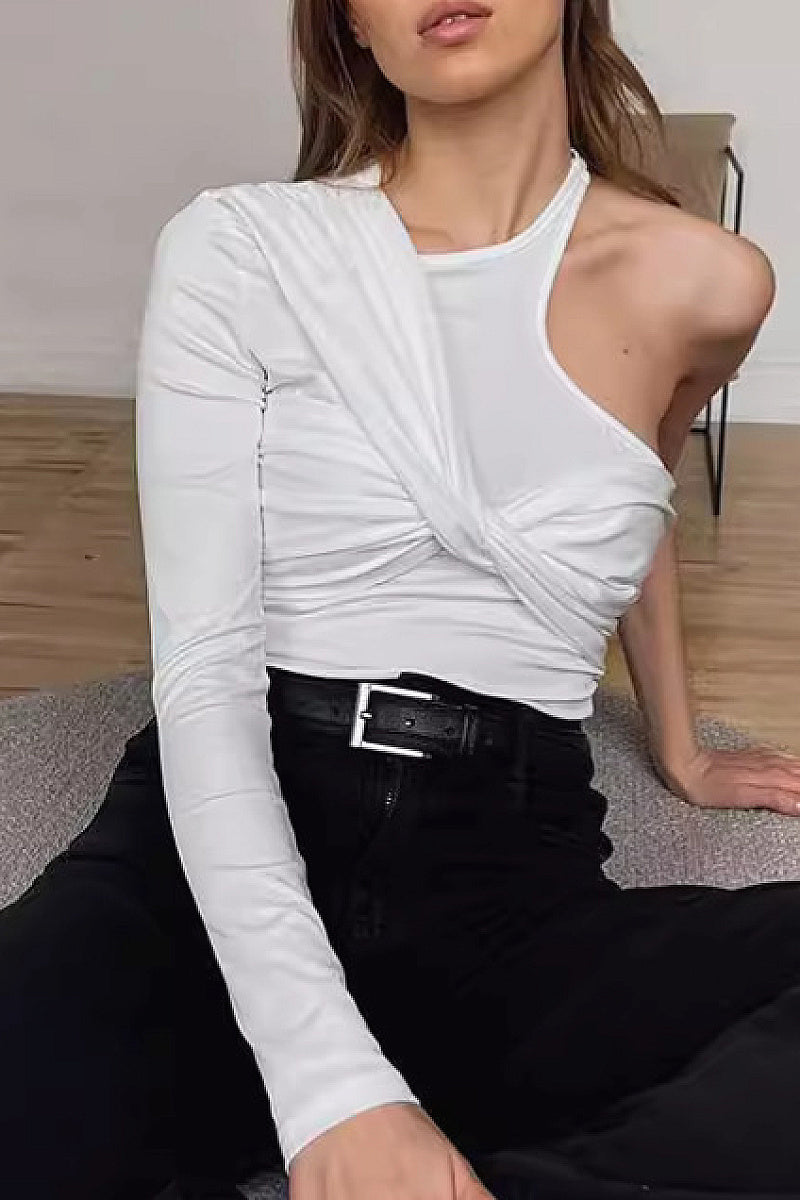 French Style One-Shoulder Slim Fit Long Sleeve Top