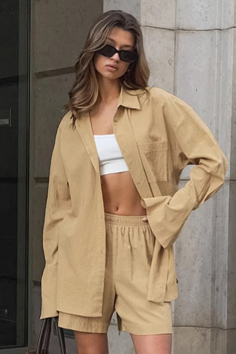 Casual Khaki Cotton Linen Two-Piece Set for Women