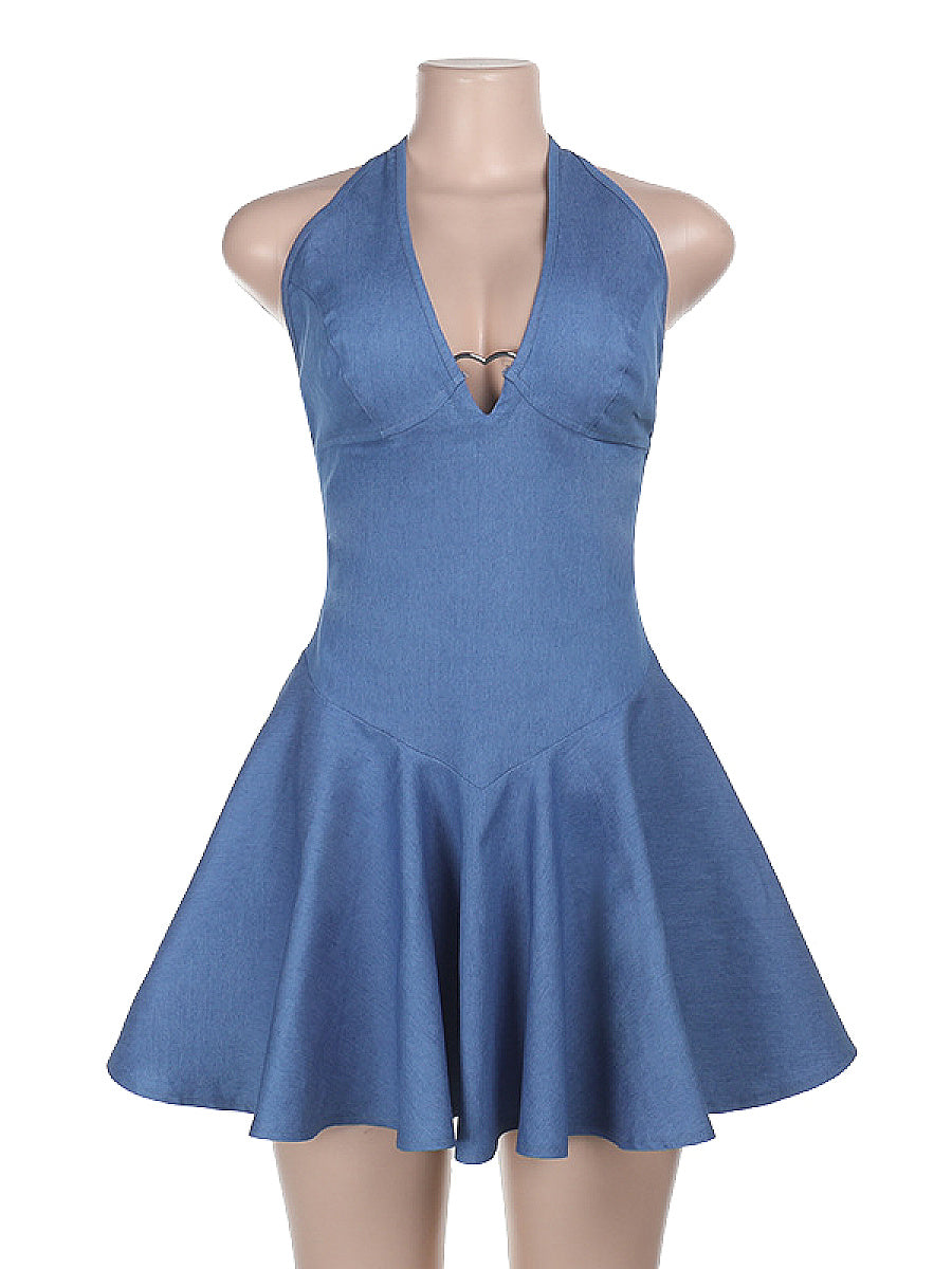 V-Neck Heart Metal Buckle Denim Mini Skirt