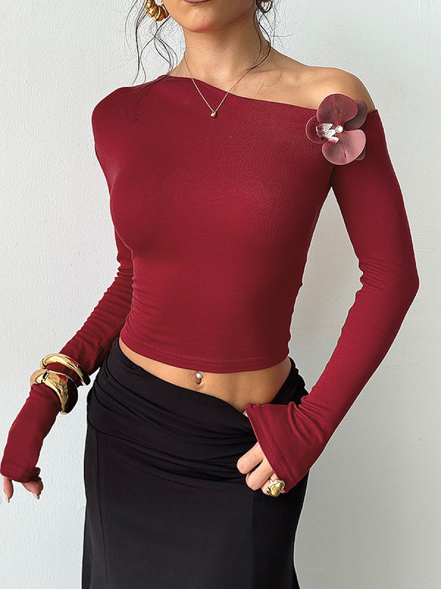 Retro Burgundy Rose Off-Shoulder T-Shirt for Women
