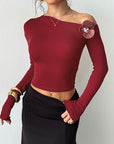Retro Burgundy Rose Off-Shoulder T-Shirt for Women