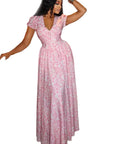 Elegant A-Line Dress with V-Neck and Puff Sleeves