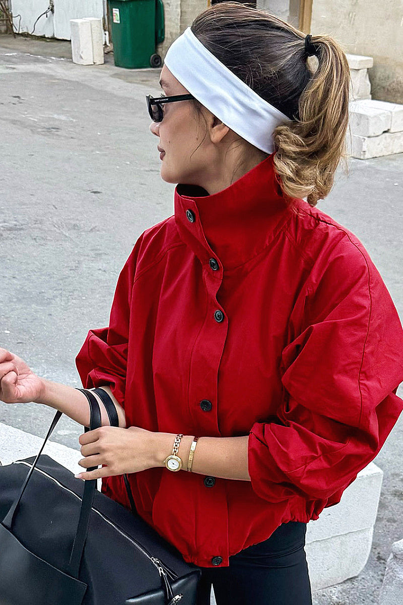 Stylish Red High Neck Windbreaker for Women