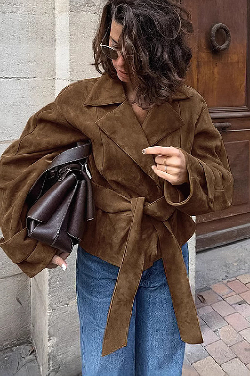 Suede Waist Tie Coat for Women